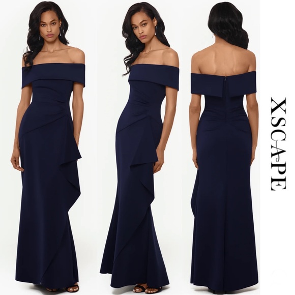 Xscape Hailey Long Scuba Crepe Off The Shoulder Gown Navy
